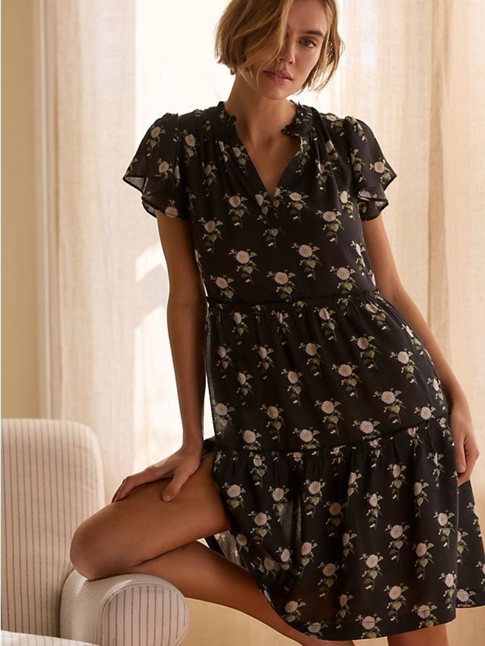 Anthropologie Floral Flutter Sleeve Dress